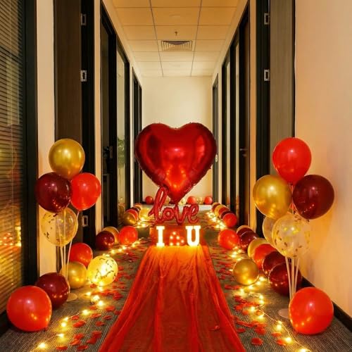 Ganeen 2040 Pcs Romantic Proposal Decoration Kit with Heart & LOVE Balloons, 2000 Rose Petals, LED Lights, Red Gauze for Anniversary, Proposal, Wedding Office Classroom School Decor