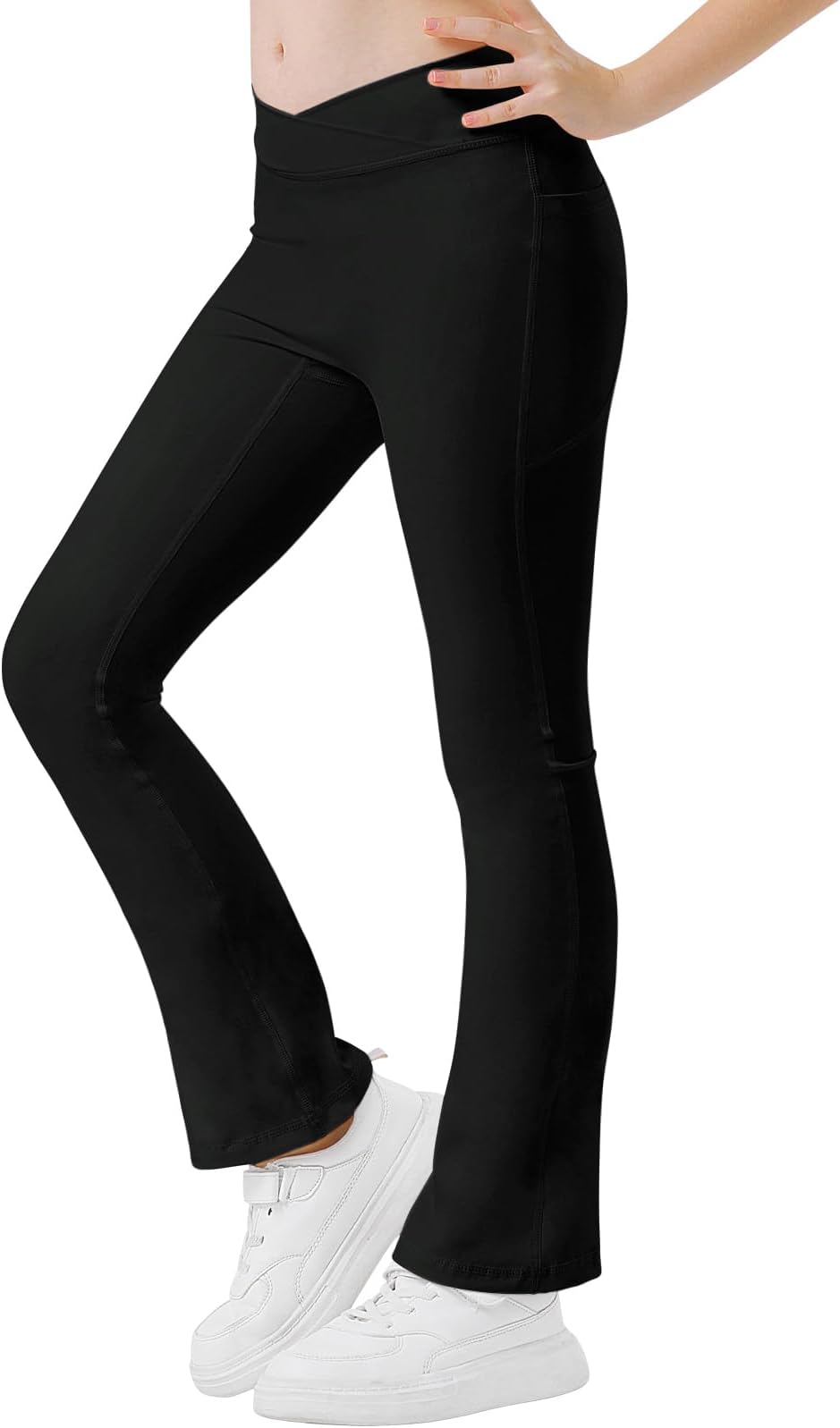 Girls Flared Leggings Yoga Dance Pants Kids Cross High Waisted Pants for Girls with Pockets Size 6-15 Years