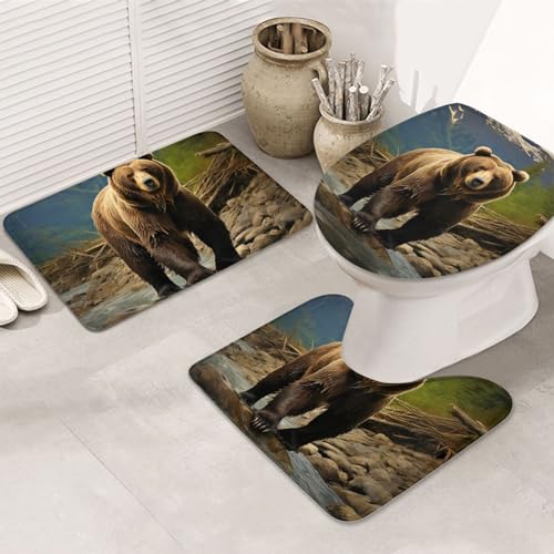 Dwrepo Brown Bear Print Bathroom Rug Set 3 Piece with Non-Slip U-Shaped Contour Mat and Toilet Lid Cover for Bathroom Decoration