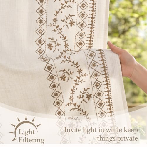 Image of Yinhua Boho Kitchen Curtains 36 Inch Length Brown Embroidered Floral Cafe Curtains, Farmhouse Light Filtering Kitchen Window Curtain Rod Pocket Short Tier Curtains for Windows, 26 inch W x 36 inch L, 2 Panels