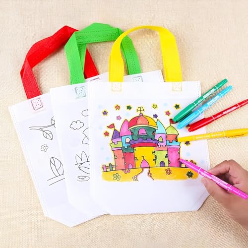 Image of HASTAP DIY Eco-friendly Graffiti Bag Children Reusable Handmade Canvas Painting Non-woven Bag Kids Art Craft Colour Filling Drawing Toy Party Gifting Bags for Return Gifts (Assorted, 12pcs)