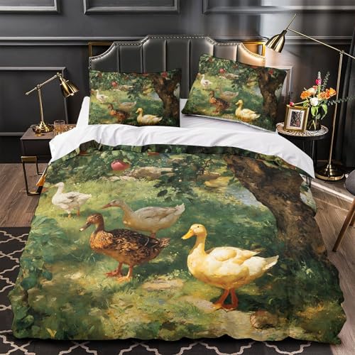 Houssette canards 220x240 parure lit microfibre rétro avec 2 taies