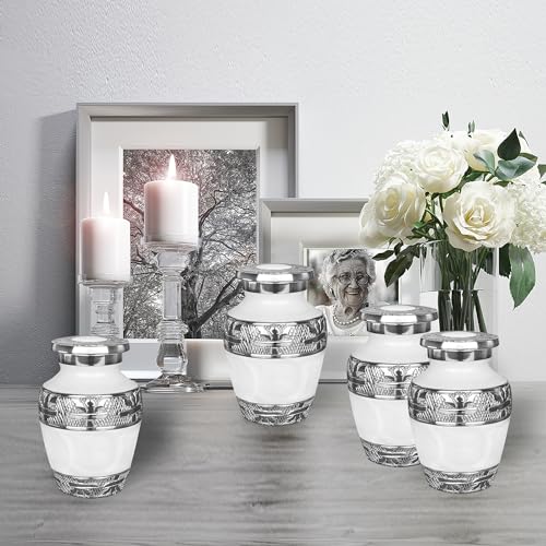 Image of Trupoint Memorials Cremation Urns for Human Ashes, Silver Lining Decorative Burial Urns for Male and Female, Funeral Memorial Urn for Women and Men - White with Silver Lining, 4 Keepsakes