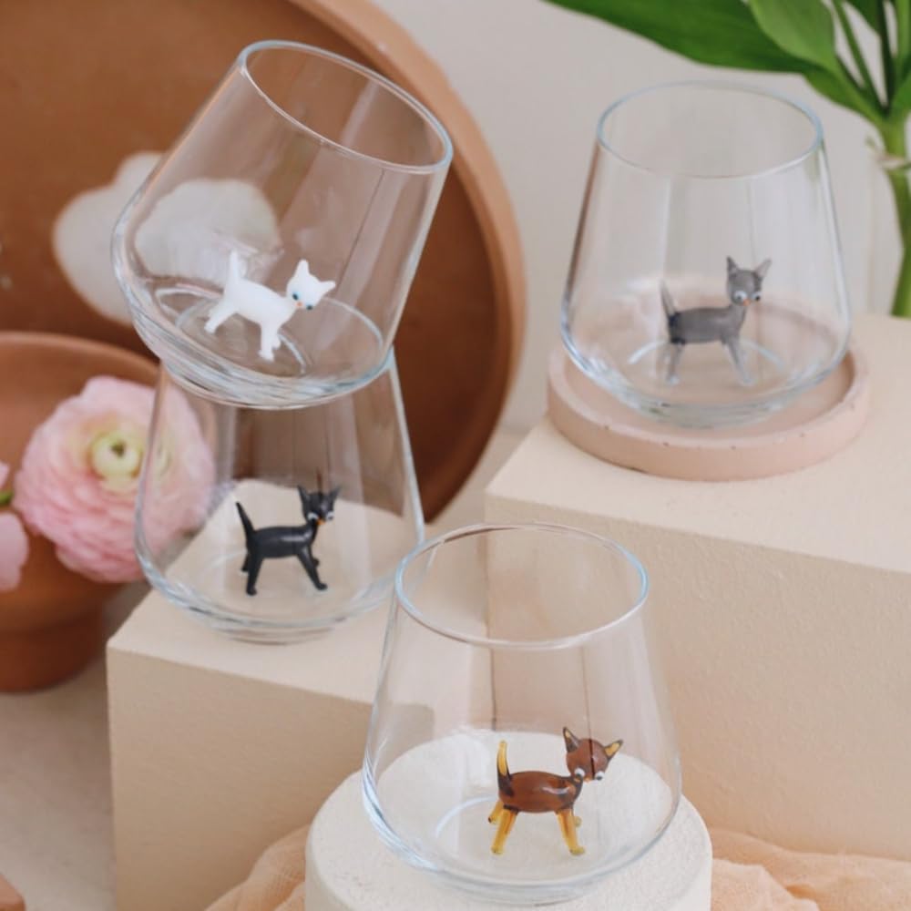 HANLX Wine Glasses Stemless Drinking Glass with 3D Cat Figurine Inside Set of 4 Drinking Glassware Tumbler Glasses