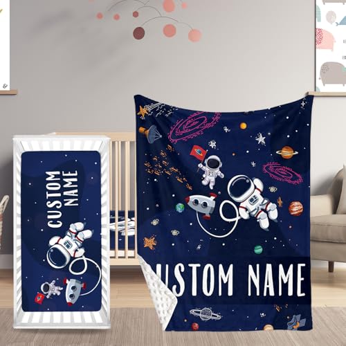HSHRYY Personalized Name Baby Crib Bedding Set, Custom 2 Piece Set for Boys, Soft Blanket with Dotted Backing and Fitted Sheet, Perfect for Baby Newborn Shower Gift, Blue Astronaut Theme