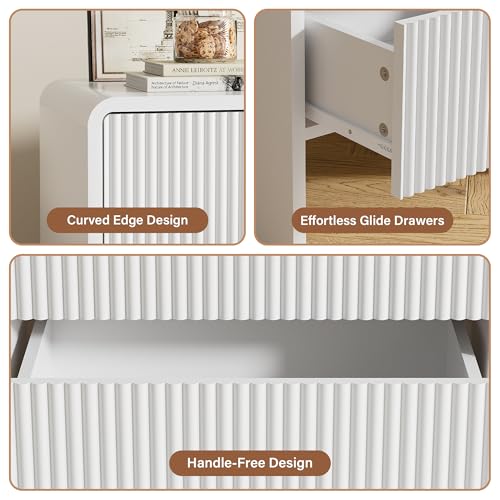 Image of Furniway Set of 2 Modern Curved Nightstand with 2 Drawers, Push-to-Open Wooden Bedside Table, Minimalist End Table for Bedroom, White
