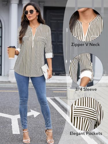 Image of Bulotus Womens 3 /4 Sleeve Tops Plus Size V Neck Zipper Business Casual Blouses for Office & Going Out Soft Knit Tunics, M-3XL
