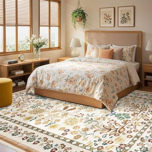 5x7 Area Rug Living Room Rugs Thickened - Washable Boho Vintage Floral Large Soft Non Slip Thin Rug Low Pile Carpet for Bedroom Dining Room Kids Playroom Office Decor Indoor - Brown