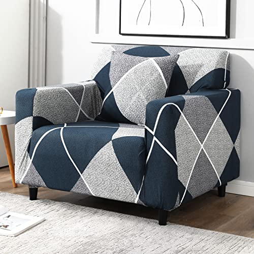 Image of HOKIPO 95% Polyester, 5% Spandex Elastic Stretchable Single Seater Sofa Cover, Blue Rhombus (AR-4093-D15)