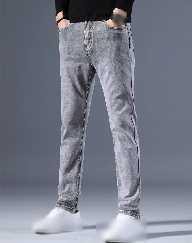 Men's Straight Fit Business Jeans Pants Classic Mid Waist Soft Stretch Trousers Male Fabric