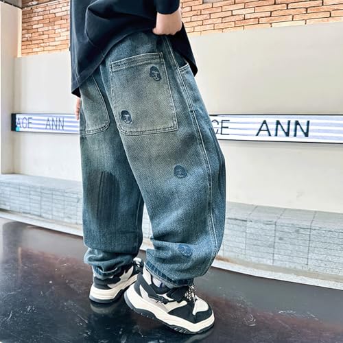 Baggy Jeans Kids Loose Fit Embroidered Wide Leg Jeans Preppy Streetwear Washed Y2K Baggy Pants Boys Elastic Waist Denim Pants4