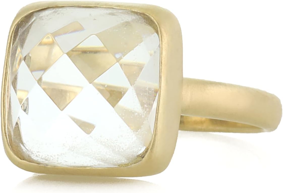 18k Gold Crystal Quartz Ring - Square Faceted Gemstone Design - Handmade Gold Bezel Jewelry - Elegant Stackable Ring