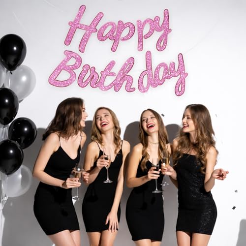 Image of Rozi Decoration Happy Birthday Pink Glitter Cursive Banner for Party Decoration, Paper Cardstock Hanging Banner for Kids and Adults, Birthday Celebration Decor for Home and Events