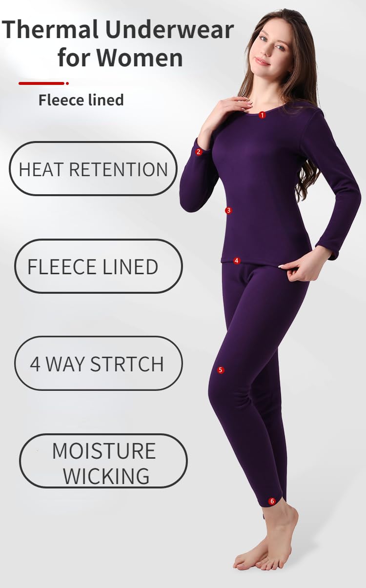 Kelabia Thermal Underwear for Women Fleece Lined Leggings Long Johns Base Layer Pajama Set Thermals 2 Pieces Cold Weather (Black,3XL)