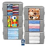 Large Storage Bags, 6 Pack Clothes Storage Bins Foldable Closet Organizers Storage Containers with Durable Handles Thick Fabric for Blanket Comforter Clothing Bedding 90L (Gray)