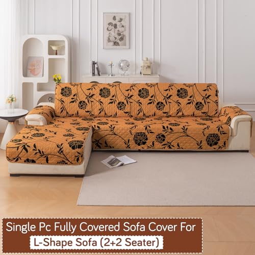 Image of HOKIPO 'Elira Series' Printed Quilted One-Piece L Shape 4 Seater (2+2) Sofa Cover Mat with Left Chaise | Anti-Slip Backing & SecureFit Belt, Copper Brown Floral (AR-5373-C8)