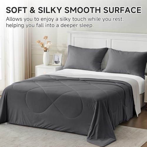 Image of HOMFINE Cooling Comforter Japanese Double-Sided Cold Tech Fabric Cooling Blanket for Night Sweats Hot Sleepers, Q-Max 0.45 Soft Breathable Silky Smooth Lightweight Grey Summer Comforter Queen