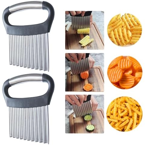 Hendiy Crinkle Cutter,2 Pack Stainless Steel French fry cutter for potatoes,Crinkle cutter for veggies,Crinkle Wavy Chopper Cutter waffle fry Slicer Potato Carrot Chip Cover