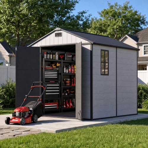 Image of Devoko 8 x 8 FT Resin Storage Shed with Floor, Outdoor Plastic Tool Shed