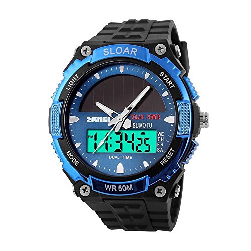Men New Solar Watches Digital Dual Time Sport Analog Rubber Quartz Wrist Watch Blue