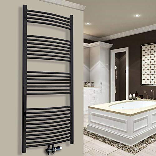 Gulfstream Komfort Badheizkörper 1800 x 600 mm in Schwarz Gebogen inkl. Anschlußarmatur Hochwertiges Handtuchheizkörper-Set in Schwarz