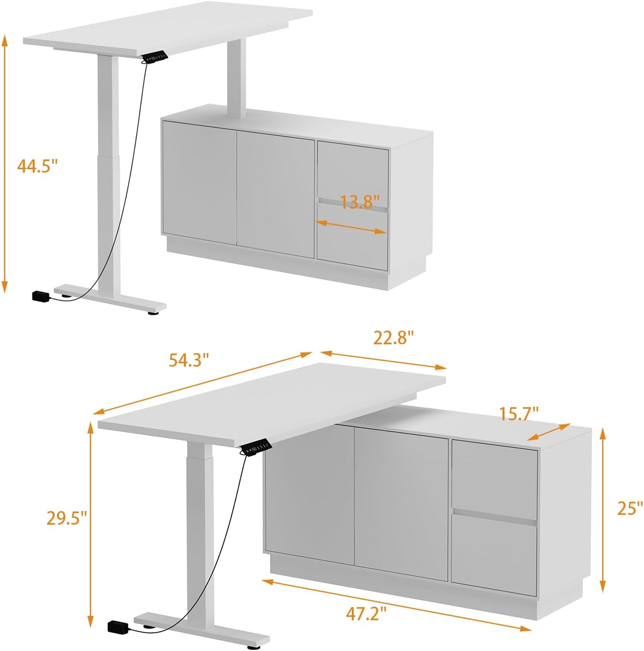 Hitow L Shaped Standing Desk Height Adjustable, 54.3" W Electric Sit Stand Desk with Drawers & Storage Cabinet, Reversible Home Office Table Corner Computer Workstation, White (29.5"-44.5" H)