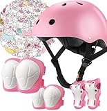 Kids Bike Helmet Pads with Knee Elbow Wrist Pads Guards,Toddler Adjustable Pink Helmet Girls Child with Unicorn Sticker