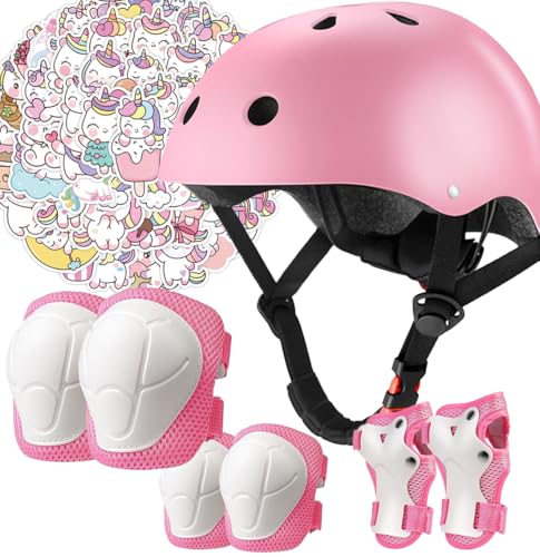 Kids Bike Helmet Pads with Knee Elbow Wrist Pads Guards,Toddler Adjustable Pink Helmet Girls Child with Unicorn Sticker