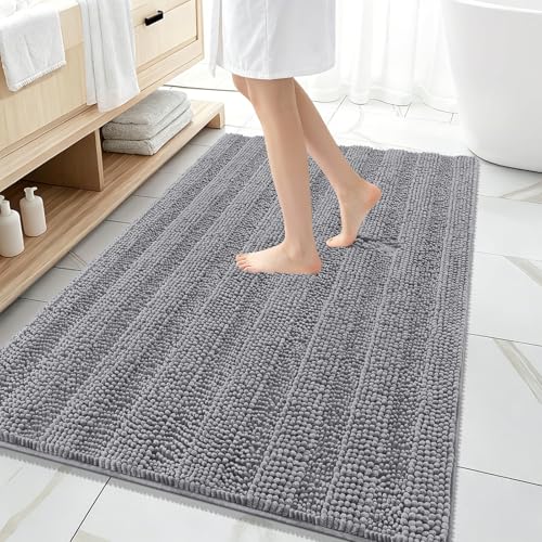 Image of OLANLY Thick Large Bathroom Rugs 59x35, Extra Soft Absorbent Chenille Striped Bath Rugs, Rubber Backing, Machine Wash Dry, Bath Mats for Bathroom Floor, Tub and Shower, Home Decor Accessories, Grey