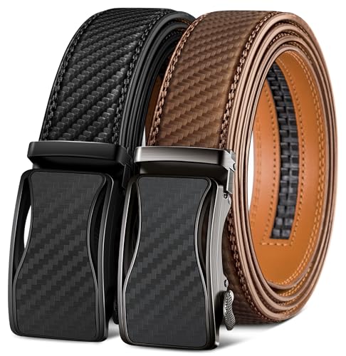 Image of KEMISANT Men Belt 2 Pack, Leather Ratchet Belt Easy Click Slide For Men 1 3 /8 inch,Cut for Fit