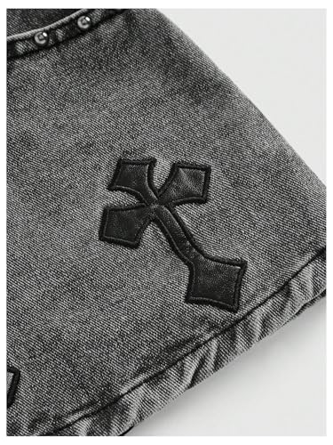 WDIRARA Women's Cross Embroidered Low Rise Mini Denim Skirt Grunge Punk Jean Skirt4