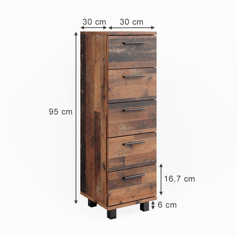 Vicco Meuble Salle de Bain Ilias, Chêne Rustique, 30x95cm avec 5 tiroirs, adapté à la Fixation Murale et Compatible avec la série Ilias