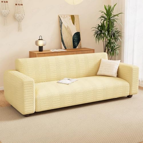 Image of Lukzer 5 Seater Pastel Yellow Dotted Stripe Pattern Sofa Cover | 240 GSM Universal Stretch Fit 3+1+1 Jacquard Fabric Couch Protector | Fully Covered Anti Slip & Washable Sofa Cover - SC-070-05