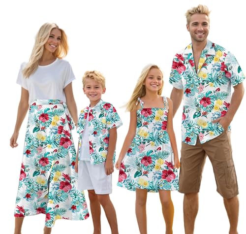 Image of Cromoncent Matching Hawaiian Outfits for Family, Dad and Son Matching Luau Beach Tropical Shirts Mommy Daughter Tropical Sets