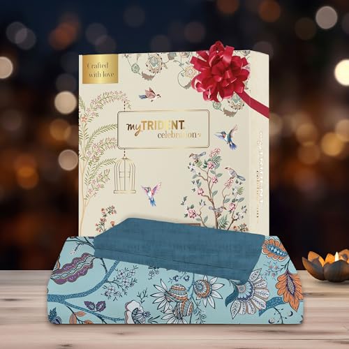 Image of Trident Celebration Queen Bedsheet Set, 100% Cotton Bedsheet for Double Bed (1 Queen Size Bedsheet with 2 Pillow Covers) Superior Softness, 144 Thread Count, Suitaible for Gifting - Chinthz Blue