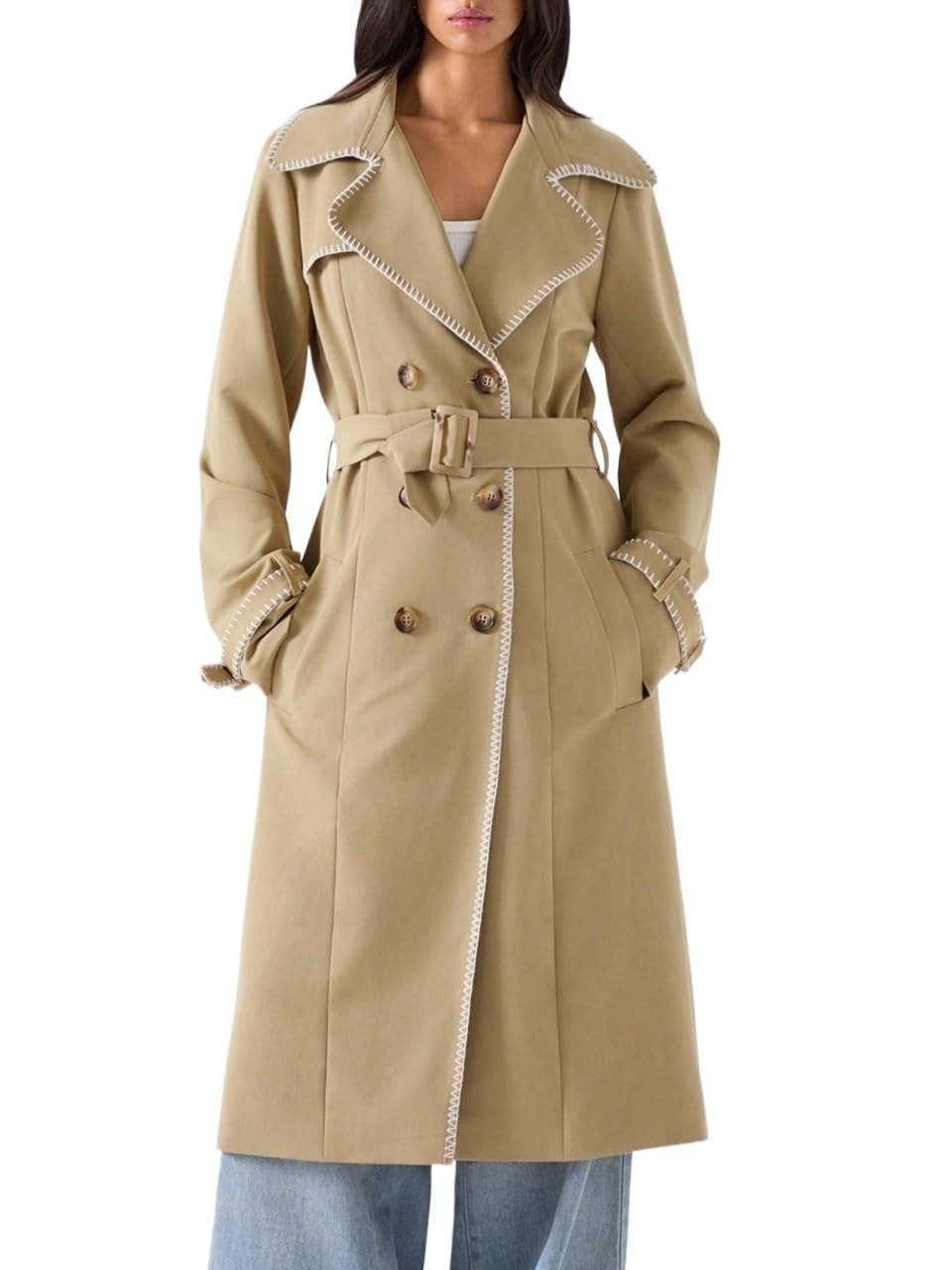 Womens 2025 Fashion Fall Trench Coat Casual Cargo Double Breasted Trench Coat