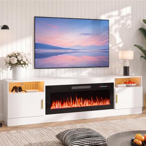Image of Waleaf 80 inch Fireplace TV Stand with 40 inch Electric Fireplace,20 Colors LED Lights Entertainment Center for Living Room,Large High Gloss TV Console Cabinet for Televisions up to 90+ Inch