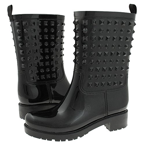 Capelli New York Ladies Rain Boot, Mid-Calf Studded Rain Boot, Rubber Rain Boots With Back Pull Loop, Black