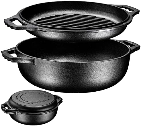 Bruntmor 2-in-1 Pre-Seasoned Cast Iron Dutch Oven with dual handles, Cocotte Double Braiser Pan with Grill Lid 3.3 Quarts - BBQ Grill, Fryer - Outdoor Cookware Set with Dual Handles, Camping,- Black