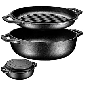 Bruntmor 2-in-1 Pre-Seasoned Cast Iron Dutch Oven with dual handles, Cocotte Double Braiser Pan with Grill Lid 3.3 Quarts – BBQ Grill, Fryer – Outdoor Cookware Set with Dual Handles, Camping,- Black
