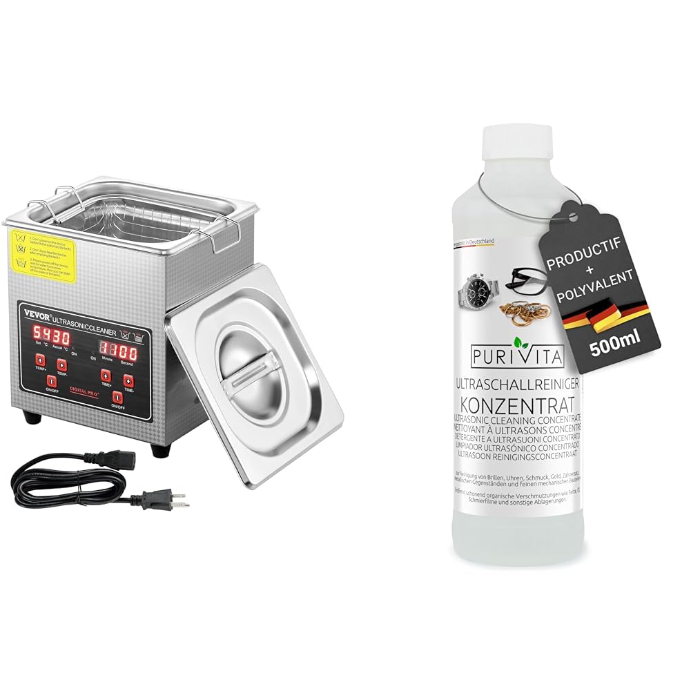 VEVOR Nettoyeur à Ultrasons 2L en Acier Inoxydable Bac Ultrasons Numérique avec Chauffage Temps & PURIVITA - Concentré de Nettoyant liquide pour produits ultrason - Multi-usages - Nettoyeur Bijoux