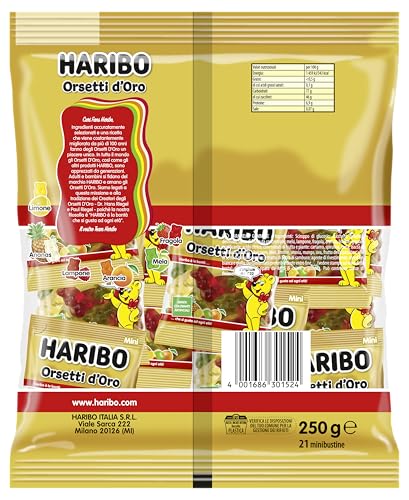 Haribo Orsetti D'Oro Multipack, 21 Mini Bustine Da 12gr, Caramelle Gommose, Gusto Frutta, Ideali Per Una Festa Di Compleanno - 250gr - Immagine 1