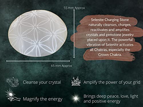 Image of Amazing Gemstone Selenite Palm Stone - Flower of Life Engraved Hot Massage Worry Stone for Natural Body Chakra Balancing, Reiki Healing and Crystal Grid