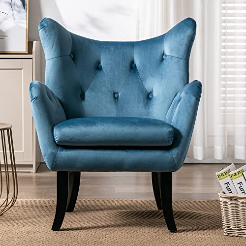 Sillón de terciopelo de mediados de siglo con patas de madera para sala de estar, dormitorio y oficina en casa, silla moderna tapizada con respaldo alto en color azul