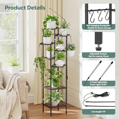 Image of Quikraen 8-Tier Black Plant Stand with Grow Lights, 58.5 inch Tall Ultra-Narrow Corner Plant Shelf with 2-Head LED Grow Light & Hanging Hooks, Space-Saving Metal Flower Pot Holder Rack for Indoor Plants, Patio, Balcony