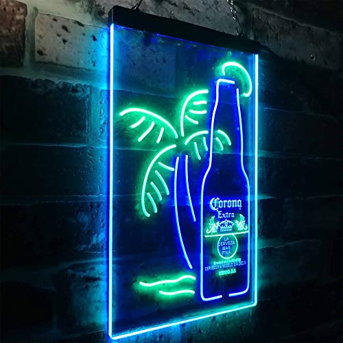 Corona Extra Bottle Palm Tree LED看板 ネオンサイン バーライト 電飾 ビールバー 広告用標識 グリーン+ブルー W30cm x H40cm