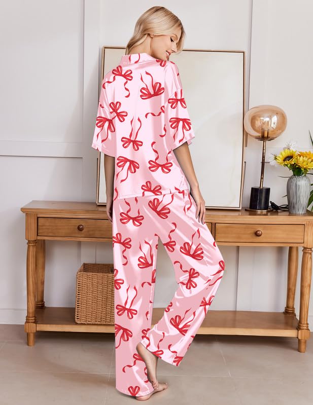Image of Ekouaer Silk Satin Pajamas Set Women Short Sleeve Pj Sets Button Down Sleepwear 2 Piece Soft Loungewear S-XXL