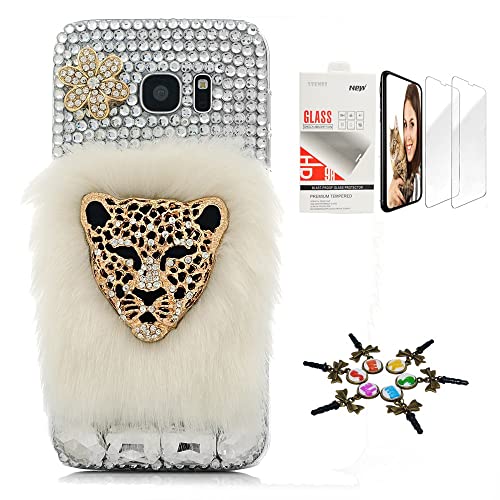 STENES Sparkle Case Compatible with Samsung Galaxy A42 5G Case - Stylish - 3D Handmade Bling Leopard Villus Flowers Design Cover Case with Screen Protector [2 Pack] - White