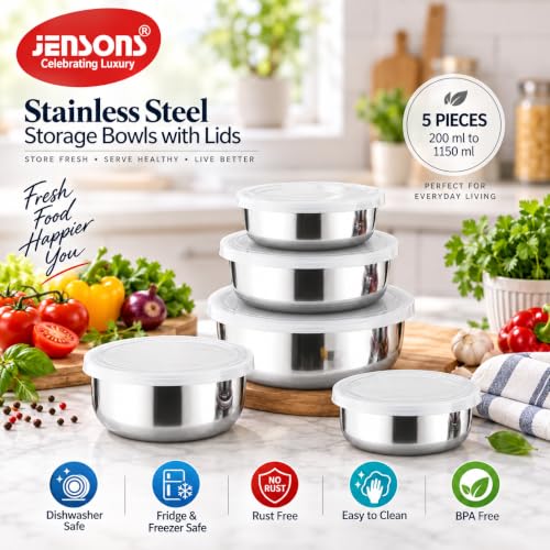 Image of JENSONS Stainless Steel Storage Bowls with Lids | 5 Pieces | 200 ml to 1150 ml | Airtight Food Containers | Stackable Nesting Set | Silver