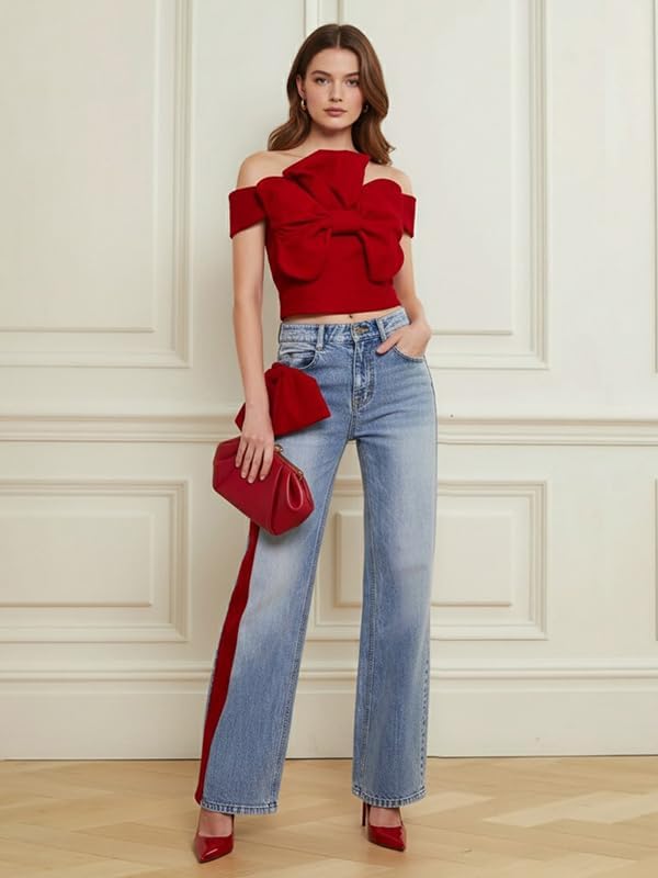 Oshoplive Womens High Waisted Straight Leg Jeans Denim Pants with Side Stripe Vintage Bow Design Stretchy Jean